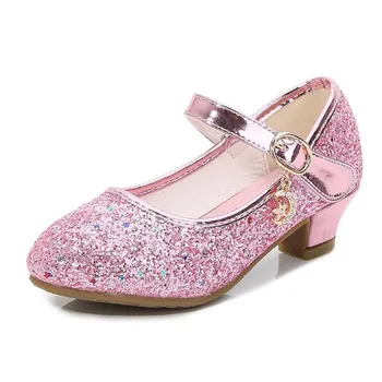 Новые детские танцевальные туфли, обувь для девочек на высоком каблуке, весна-осень, Детская принцесса, блестки, Свадебные туфли для больших девочек, Размер 26-38