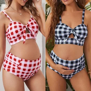 Новые летние женские купальники, комплект бикини для беременных, комплект из двух предметов, сексуальный купальник для беременных с клетчатым принтом, повседневные пляжные купальные костюмы