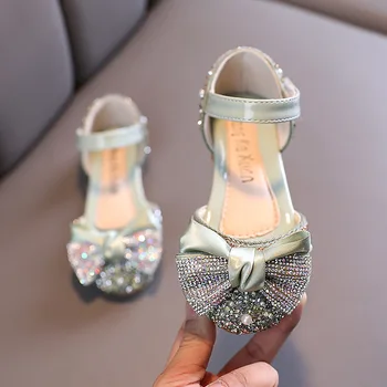 Новые сандалии для девочек, обувь для танцев, обувь со стразами, Сандалии с бантом, Свадебная вечеринка, детская обувь принцессы E358