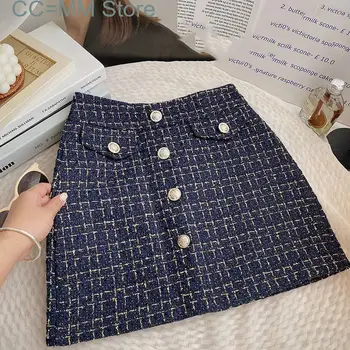Новые юбки в твидовую клетку для женщин, офисная мини-юбка, осень-зима, элегантная винтажная Корейская модная одежда с высокой талией
