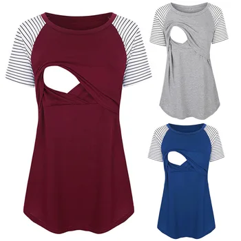 Новый женский Полосатый топ с коротким рукавом для беременных, одежда для кормления грудью, рубашка, Свободная одежда для беременных 2023 г.