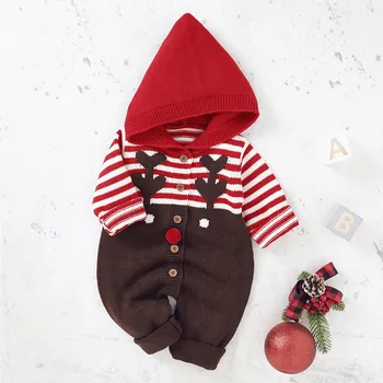 Одежда для новорожденных, одежда для лазания, комбинезон с капюшоном, Вязаный свитер с Рождественским Оленем, боди для малышей 0-18 м, осень-зима, теплое боди с длинными рукавами