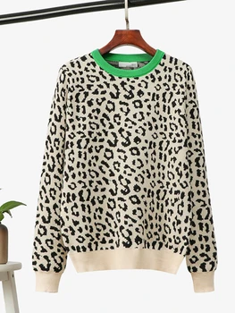 Осенне-зимняя одежда, женские винтажные свитера с леопардовым принтом, Свободные пуловеры с длинным рукавом и круглым вырезом, топы, контрастный женский свитер