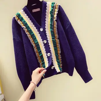 Осень и зима 2022, новый модный вязаный свитер с рукавами-фонариками, женский кардиган контрастного цвета с V-образным вырезом
