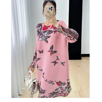Платье с принтом бабочки GGHK Miyake 2023, Новинка осени, Длинный рукав, круглый вырез, Модное Темпераментное Длинное платье, Свободный Большой размер