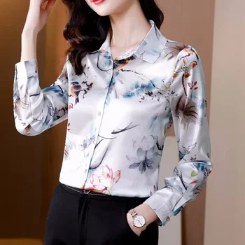 Повседневные офисные рубашки с принтом для женщин, шелковый атлас с длинным рукавом, Модные женские блузки 2023, Элегантные женские топы, Blusas Mujer