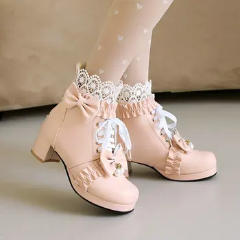Размер 28-43, сапоги для девочек, Женские ботильоны на платформе, сапоги на шнуровке на высоком каблуке в стиле Лолиты, Обувь для косплея принцессы с милым бантом и застежкой-молнией.