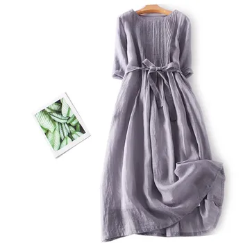 Ретро хлопчатобумажное льняное платье трапециевидной формы средней длины, женское Модное Летнее платье без рукавов, простые однотонные Праздничные пляжные платья