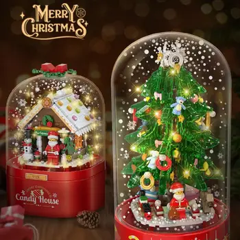 Рождественские украшения 2024 Рождественская музыкальная шкатулка, строительные блоки, детские игрушки, вращающееся освещение, конфетный домик, новогодний подарок Санта-Клауса