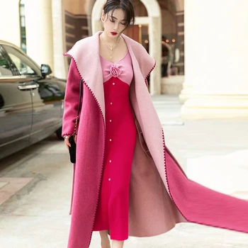 Розовое Лоскутное Двустороннее Пальто 2023, Осень-Зима, Длинное Пальто Из Альпаки С Отложным Воротником, Высококачественное Модное Женское Пальто С Талией