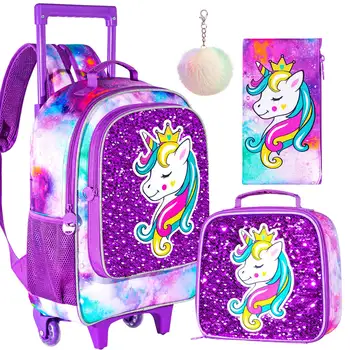 Рюкзак на колесиках из 3 предметов для девочек, детский рюкзак на колесиках, сумка для книг с сумкой для ланча, спальный чехол с рисунком единорога, функция свечения в темноте