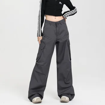 Серые брюки-карго, женские Винтажные шикарные мешковатые, эстетичные для Хай-стрит, уличная одежда Y2k, повседневные Прямые брюки, Корейская технологичная одежда