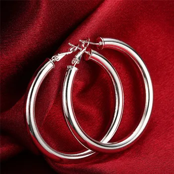 Серьги-кольца из стерлингового серебра 925 пробы, 50 мм, круглые, гладкие, Большой круг, женские модные вечерние свадебные украшения