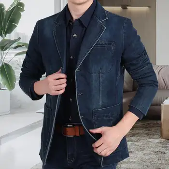 Стильный пиджак с длинными рукавами, осенний приталенный джинсовый блейзер на трех пуговицах, Джинсовая куртка тонкой строчки.