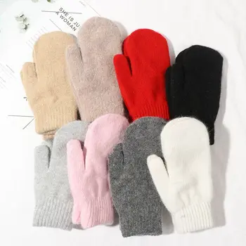Теплые зимние Однотонные Плюшевые перчатки на все пальцы, Варежки из кроличьей шерсти, Двухслойные