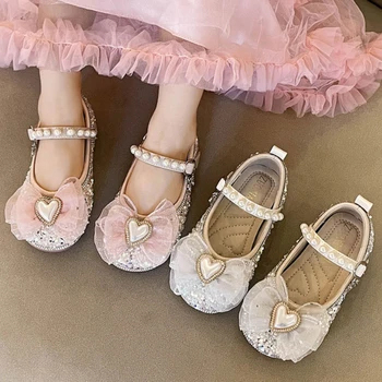 Туфли принцессы для девочек, роскошные свадебные туфли с жемчужным блеском, модные детские туфли Мэри Джейн, Элегантные детские кожаные туфли на плоской подошве