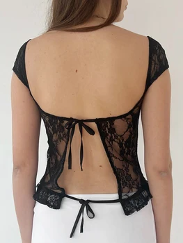Укороченные топы из цветочной кружевной сетки для женщин - Футболки в стиле Y2K с прозрачным V-образным вырезом и завязками на спине, облегающие футболки, идеально подходящие для лета