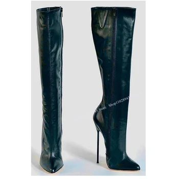 Черные сапоги до колена на молнии из кожи на тонком высоком каблуке В новом стиле, модная сексуальная женская обувь для зимних вечеринок Zapatillas Mujer