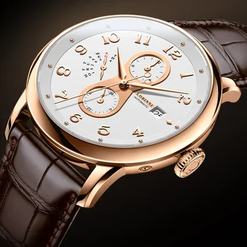 Швейцарские автоматические механические мужские часы люксового бренда LOBINNI, Сапфировый Многофункциональный кожаный ремешок, водонепроницаемые часы L9227