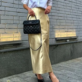 Элегантные золотые юбки из искусственной кожи для женщин, мода 2024 года, офисная длинная юбка с высокой талией, повседневная классическая юбка, женская одежда