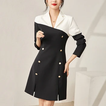 Элегантные платья для женщин 2023, Осенний офисный женский костюм с зубчатым воротником, платье с длинным рукавом, Модное Белое лоскутное Черное платье