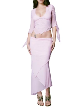 Элегантный женский укороченный топ из сетки и комплект из Макси-юбки с длинными рукавами и завышенной талией для сексуального образа Y2K