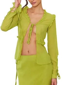 Элегантный и удобный женский летний комплект, однотонная рубашка с длинным рукавом, кардиган с эластичной длинной юбкой - идеально подходит для пляжа