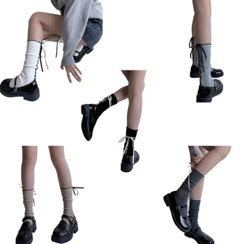 Японские модные носки до середины икры со средней трубкой Женские JK Girl с бантом и отделкой рюффке Хлопчатобумажные длинные носки Чулки